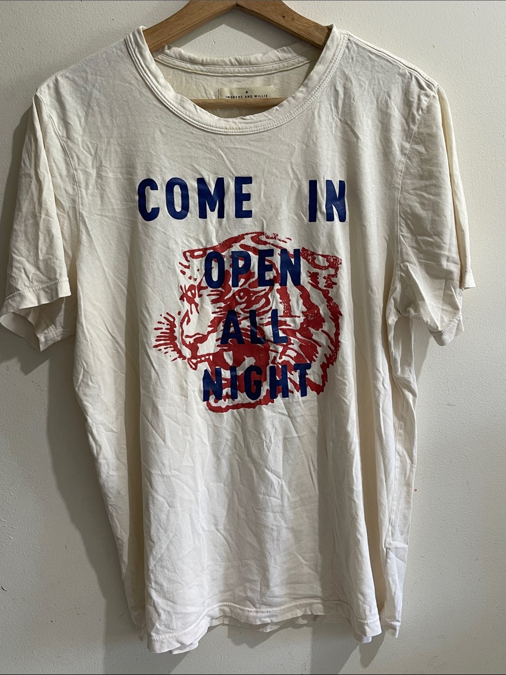 imogene + willie White Tee with Blue Text and Red Tiger Print